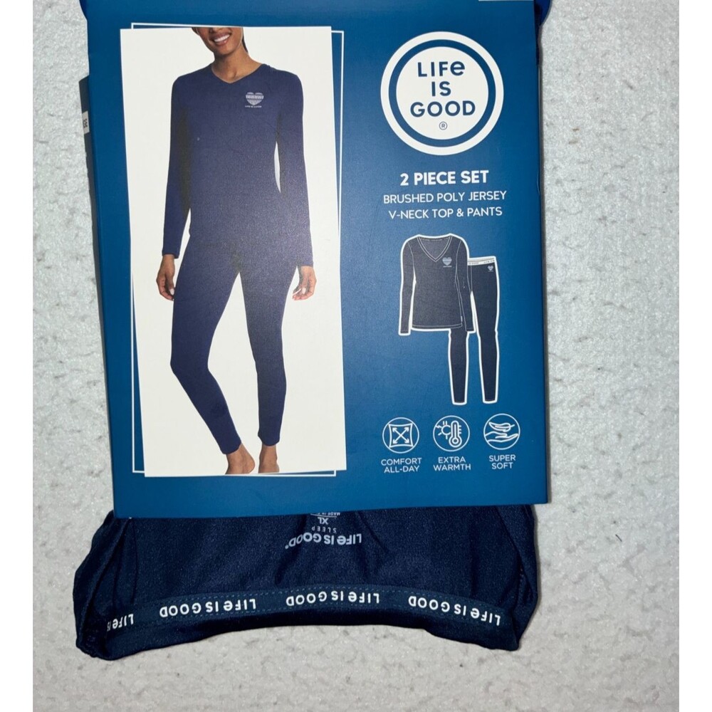 Life is Good Womens M 2 Pc jersey Set NWT Navy blue V-neck long sleeve top pant